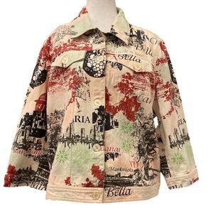 Cactus M Italian print pattern trucker jacket with tan pockets 3/4 sleeves